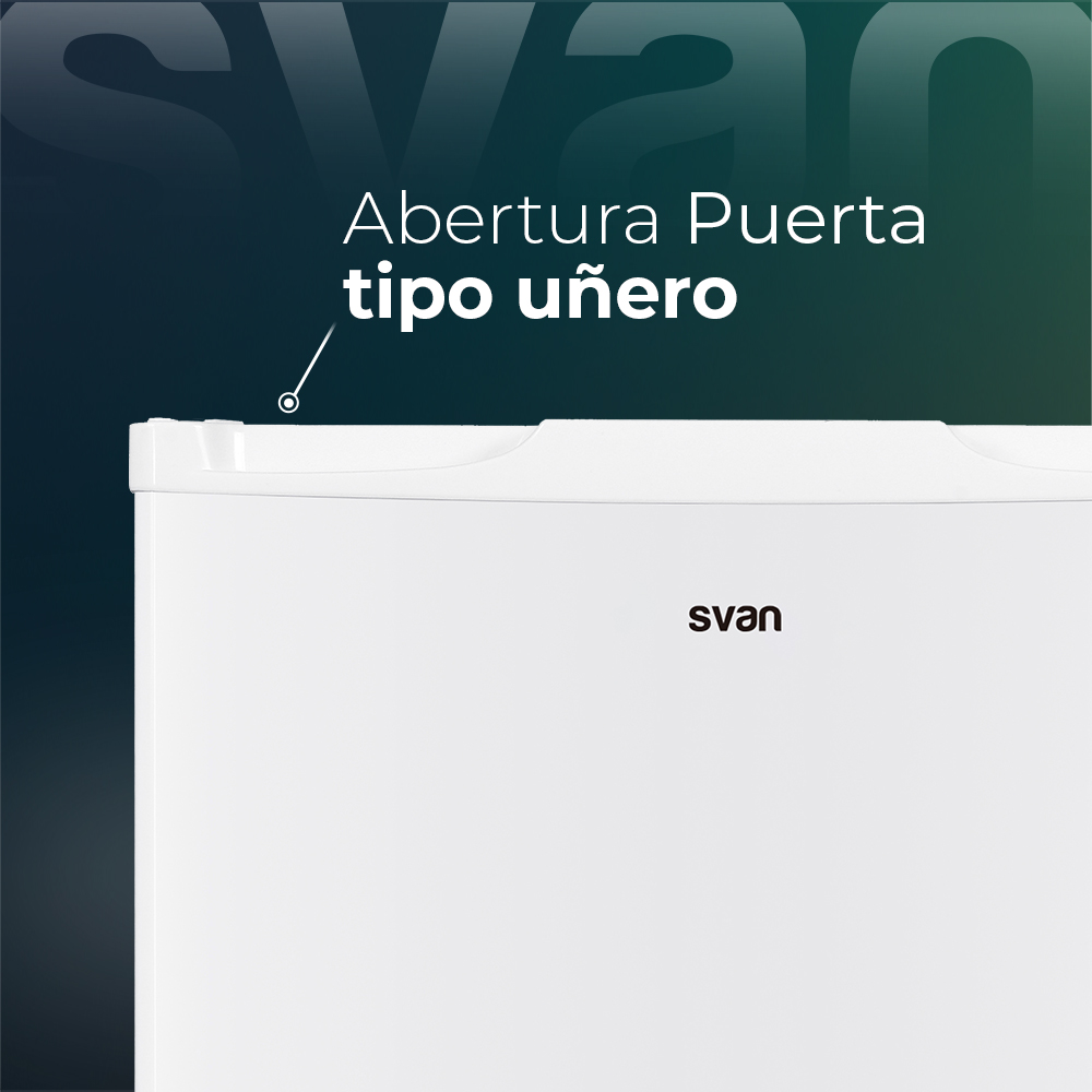 Nevera blanca con la marca 'svan'. El texto superior dice 'Abertura Puerta tipo uñero'.