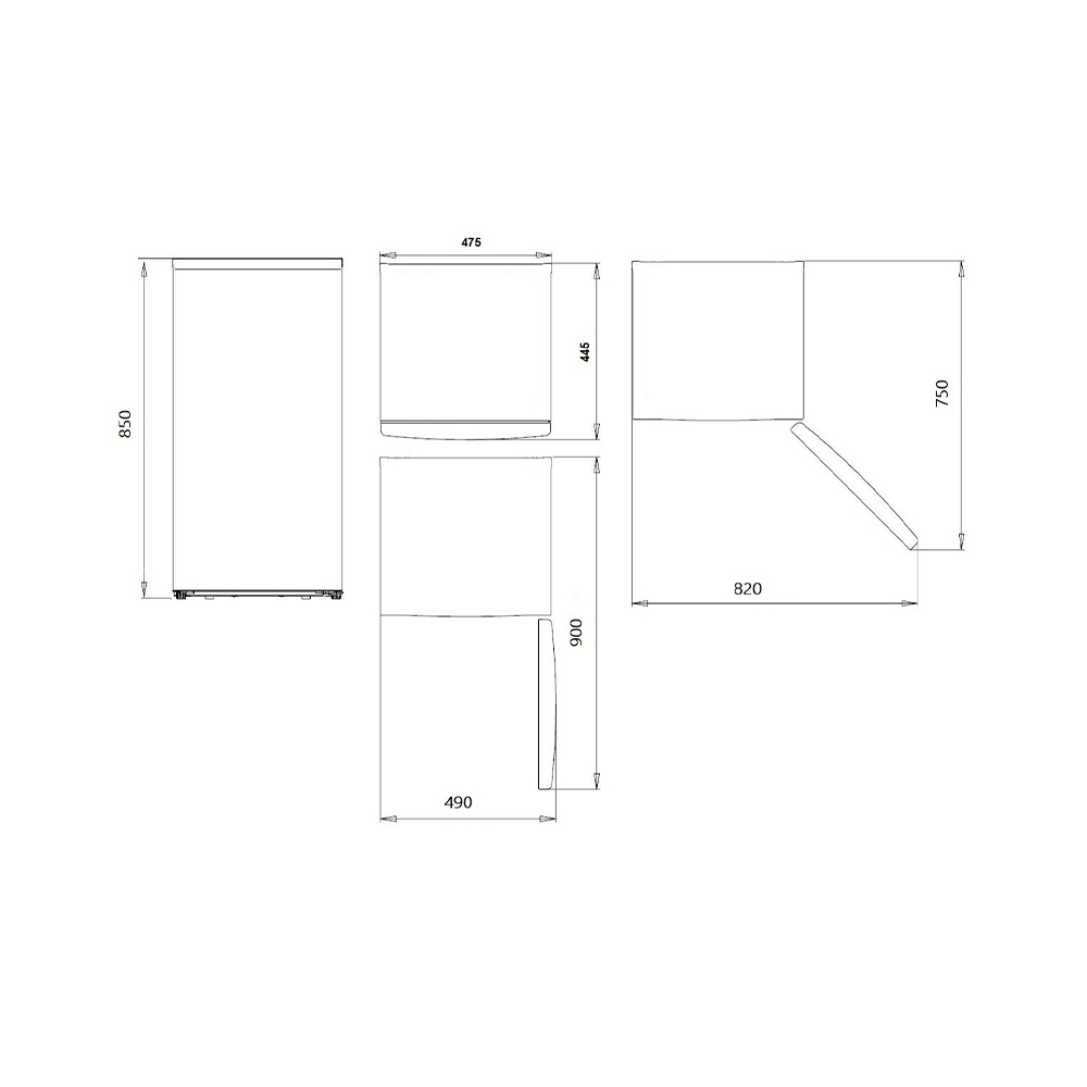 Dibujo técnico de tres formas rectangulares con dimensiones en milímetros. Incluye una vista lateral, superior y frontal.