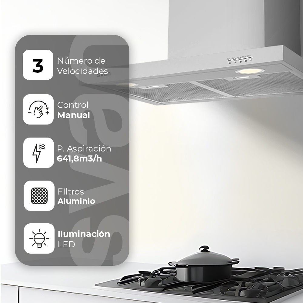 Campana extractora sobre una estufa con una olla. Características: 3 velocidades, control manual, succión 641.8m3/h, filtros aluminio, iluminación LED.