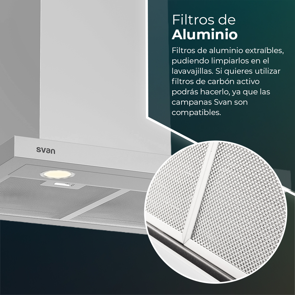Una campana extractora blanca con luz, primer plano del filtro y texto sobre filtros de aluminio.