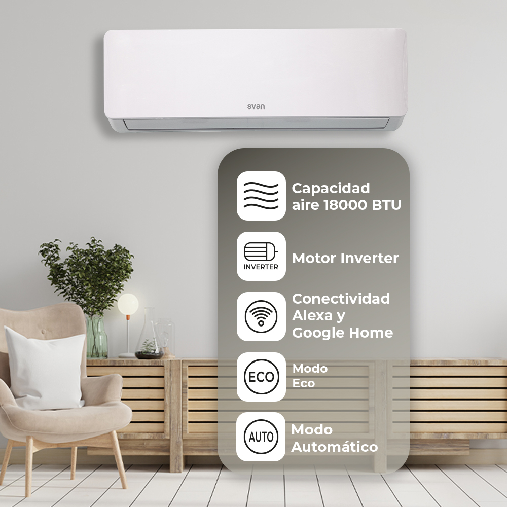 Un aire acondicionado blanco sobre un armario con iconos que indican características como 18000 BTU, motor inversor y conectividad Alexa/Google Home.