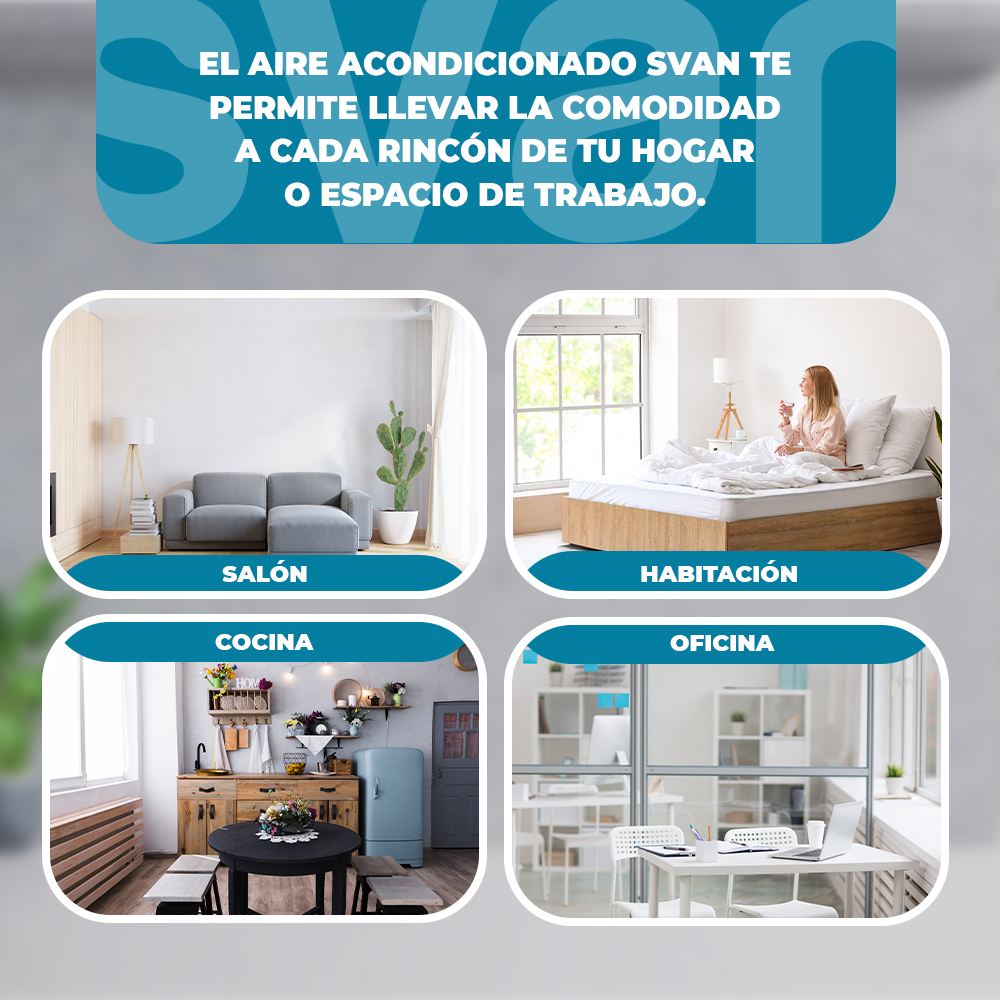 La imagen muestra cuatro habitaciones: sala de estar, dormitorio, cocina y oficina. El texto superior dice: Aire acondicionado SVAN.