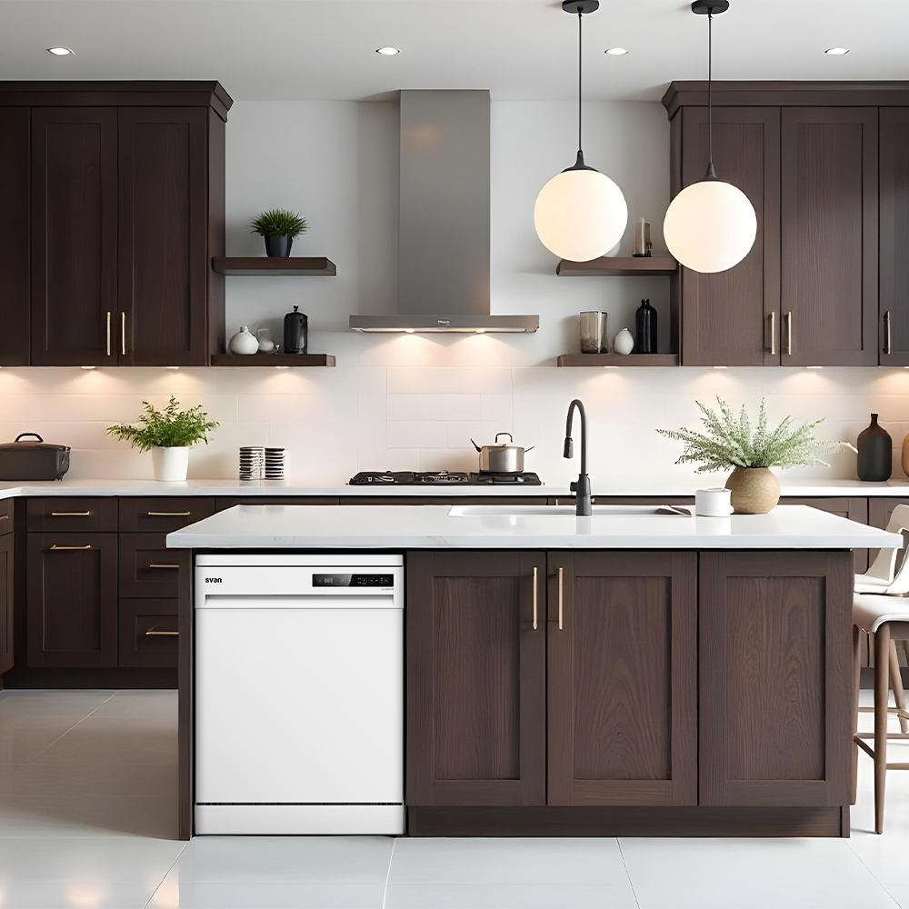 Una cocina moderna con gabinetes marrón oscuro, encimeras blancas y un lavavajillas blanco. También se ven plantas y luces colgantes.