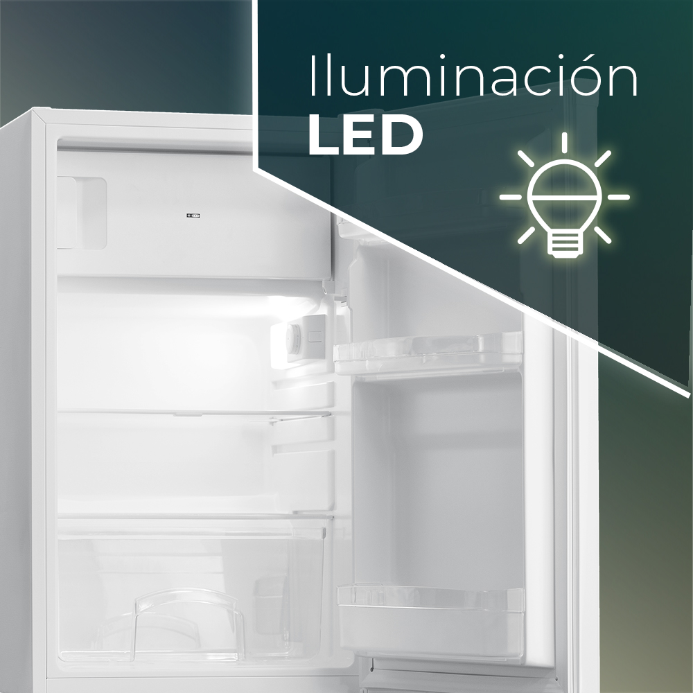 Refrigerador blanco abierto con iluminación LED. El texto dice "Iluminación LED" y hay un icono de bombilla iluminada.