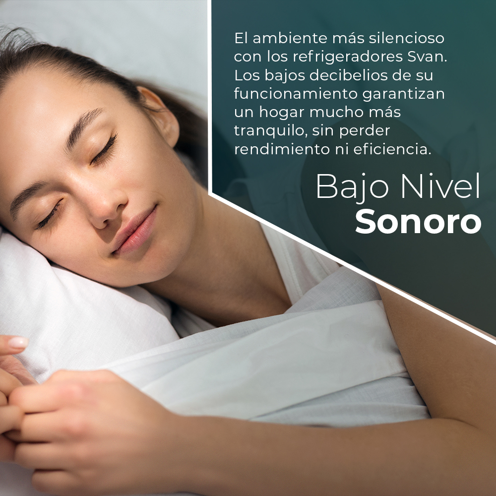 Una mujer duerme tranquilamente sobre una almohada blanca. Texto a la derecha: 'Bajo nivel de ruido' y anuncio de frigoríficos silenciosos.