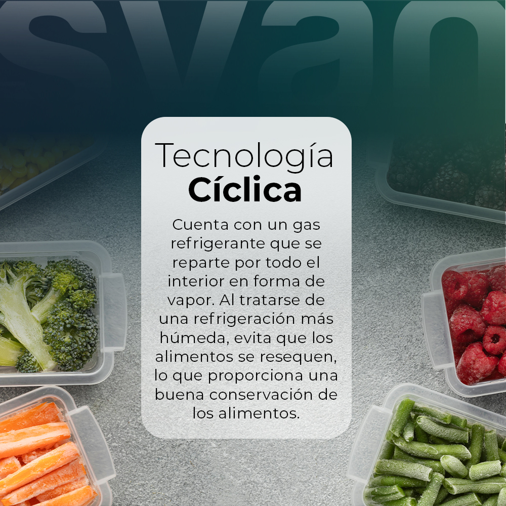 La imagen muestra recipientes con alimentos congelados: brócoli, zanahorias, frambuesas, maíz y judías verdes. El texto describe la tecnología de enfriamiento cíclico.