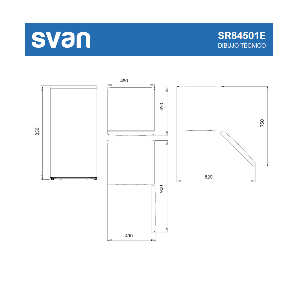 Dibujo técnico de un producto. Muestra tres vistas con dimensiones y un logo. El producto es probablemente un electrodoméstico.