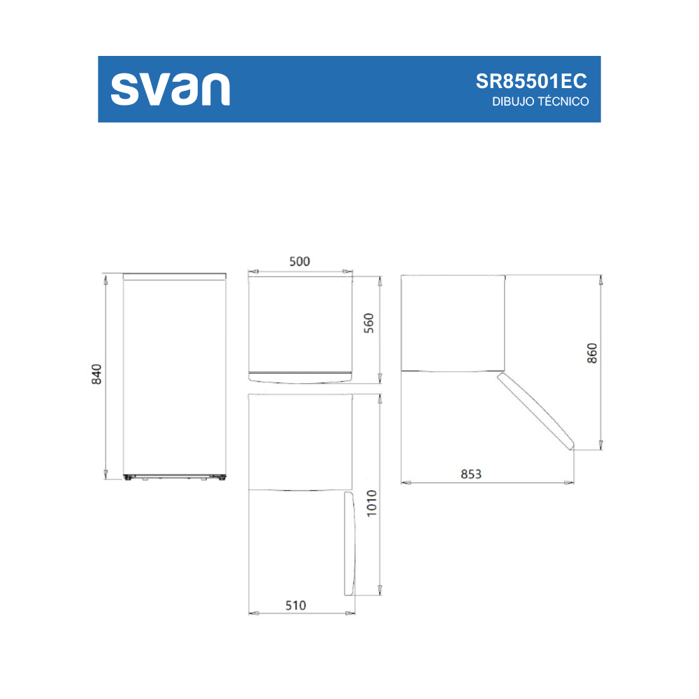 Dibujo técnico de un electrodoméstico Svan. Muestra las dimensiones en milímetros de un frigorífico, una placa y una campana extractora.
