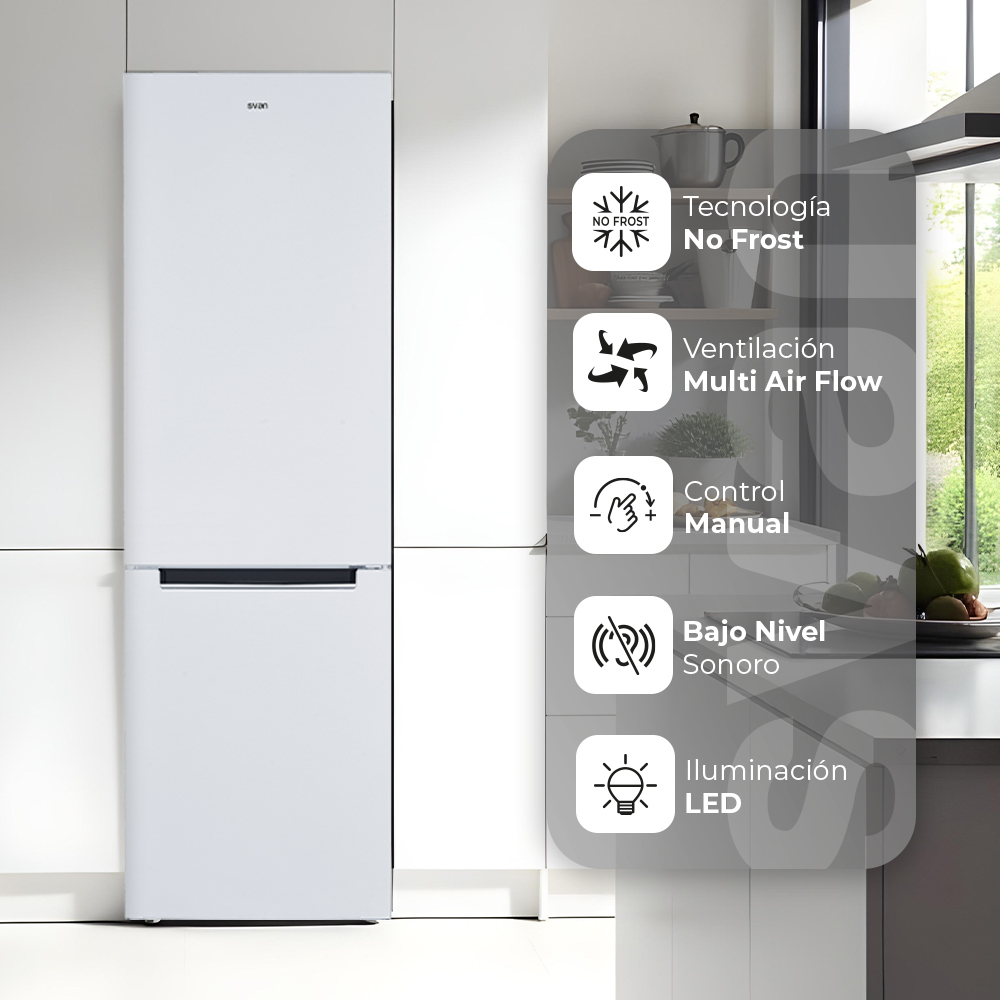Refrigerador blanco con iconos de funciones. El texto menciona No Frost, Multi Air Flow, control manual, bajo ruido e iluminación LED.