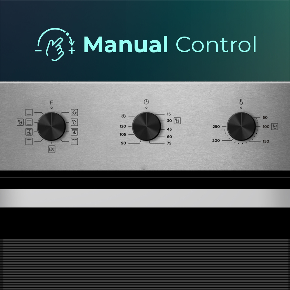 Primer plano del panel de control de un horno con diales y ajustes. El texto superior dice 'Manual Control'.