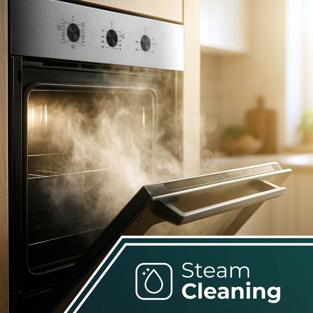 Un horno con vapor saliendo. La puerta del horno está abierta. La imagen promociona la limpieza con vapor.