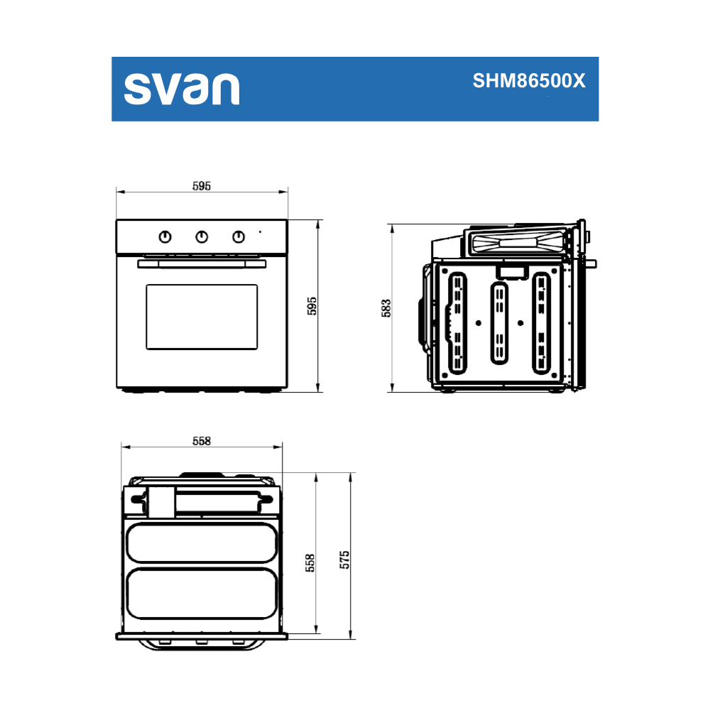 Diagrama de un electrodoméstico de cocina con dimensiones. Contiene una estufa, un horno y una unidad de almacenamiento, todo en contorno.