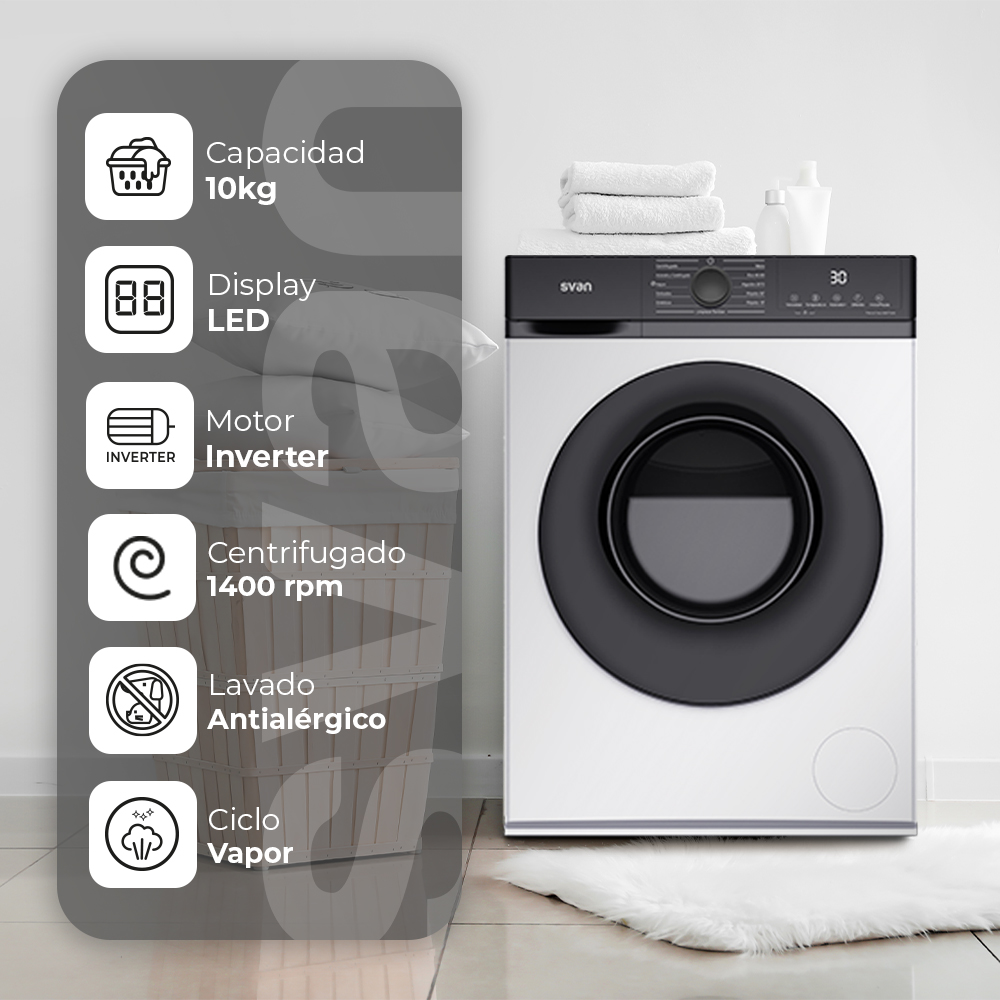 Una lavadora blanca con puerta negra. Características: capacidad de 10 kg, pantalla LED, motor inversor y centrifugado a 1400 rpm.