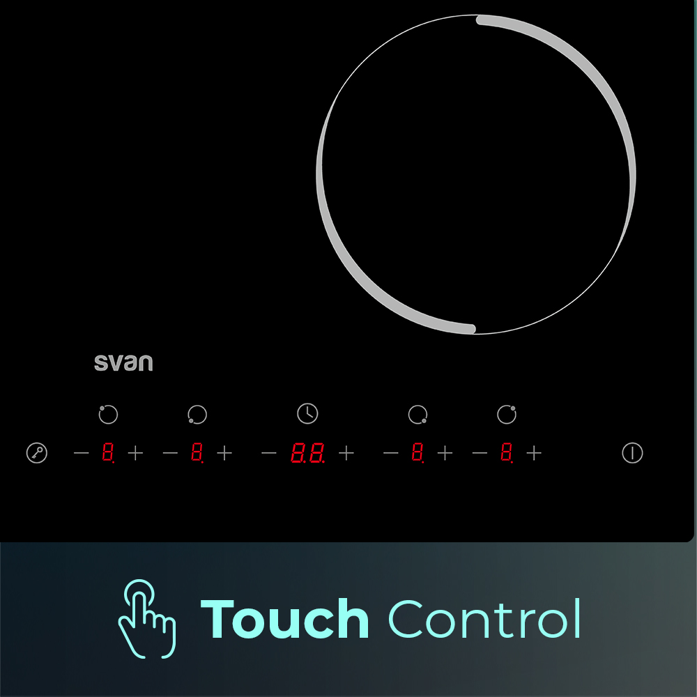 Placa de cocina negra con círculo blanco, controles táctiles y pantallas digitales. Visible la marca 'svan'. Dice 'Touch Control'.
