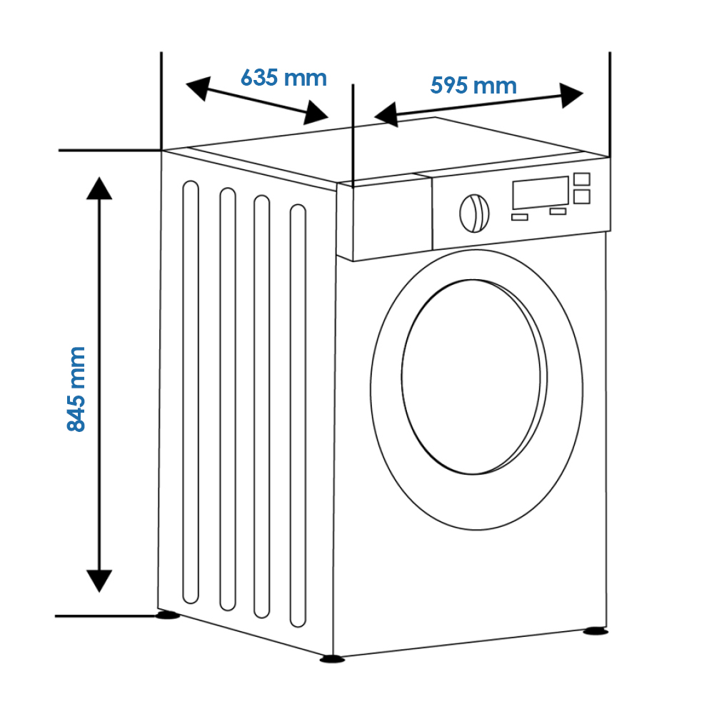 Diagrama de una lavadora con dimensiones: altura 845 mm, ancho 635 mm, profundidad 595 mm. Es de carga frontal.