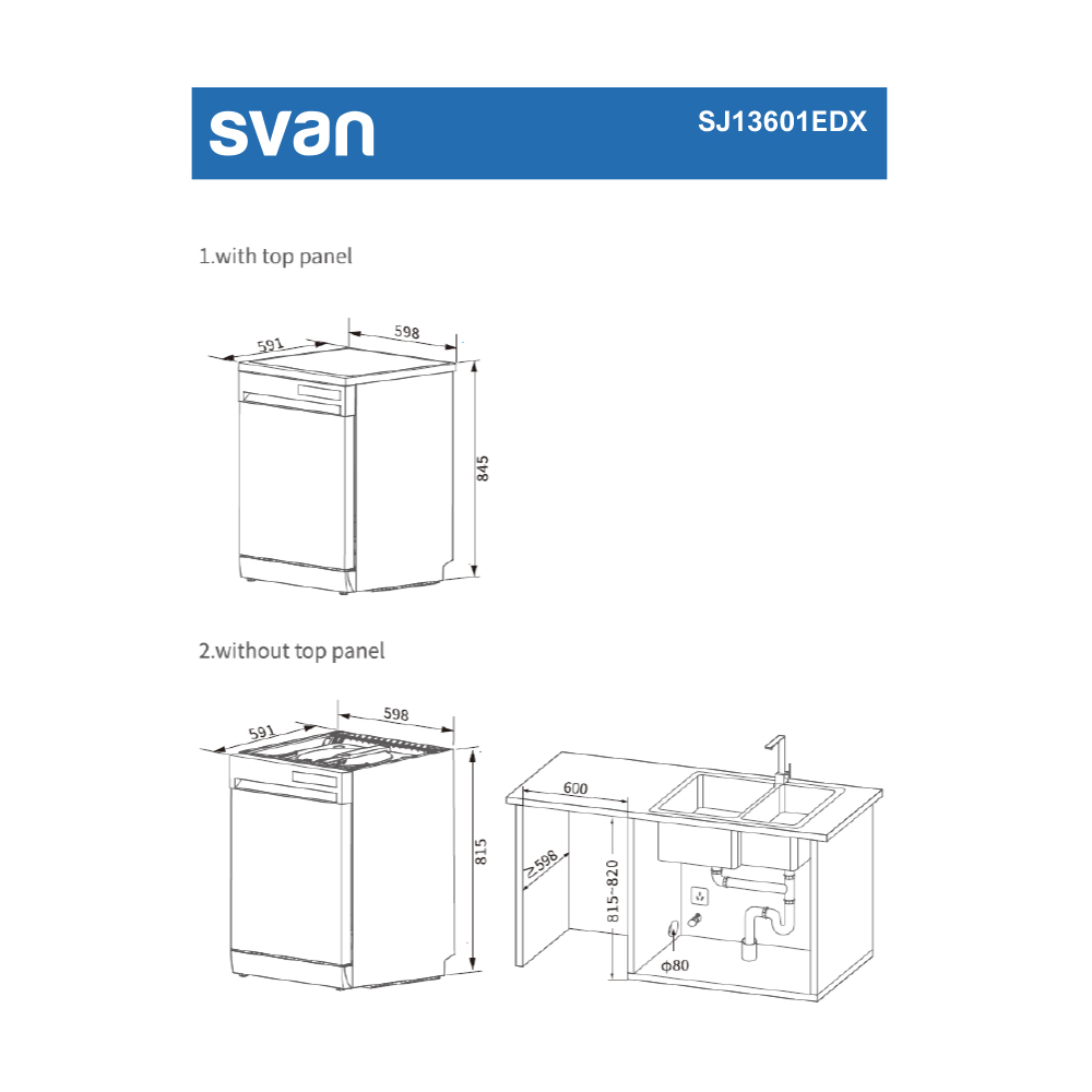 Diagrama muestra un lavavajillas con y sin panel superior, y un fregadero con medidas en milímetros.