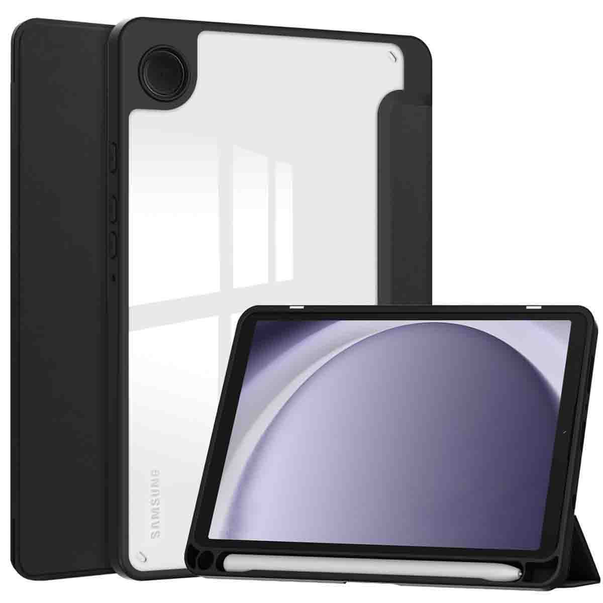 A black tablet case with a clear back and a tablet with a stylus. The tablet is in a stand position.