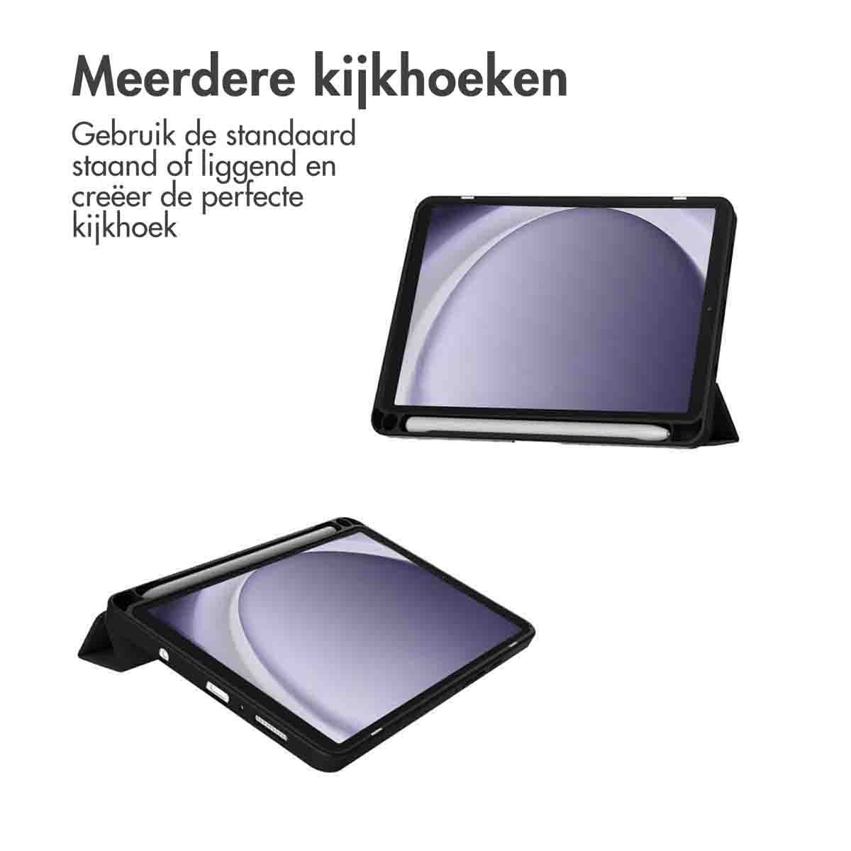 Two tablets in black cases, one propped up, the other flat. Text reads 'Multiple Viewing Angles'. 
