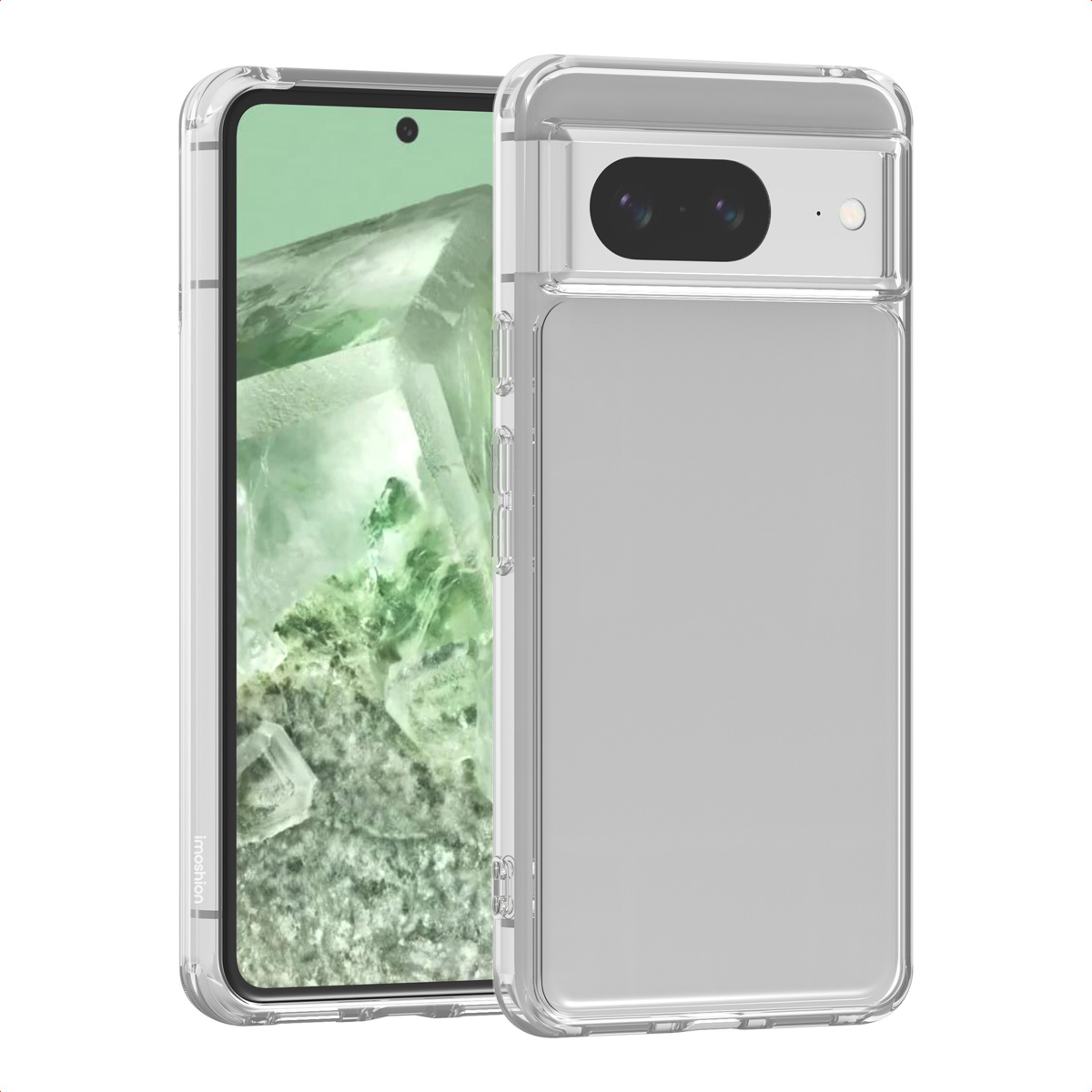 Una custodia trasparente per telefono protegge uno smartphone. Il telefono mostra uno sfondo astratto verde e bianco.