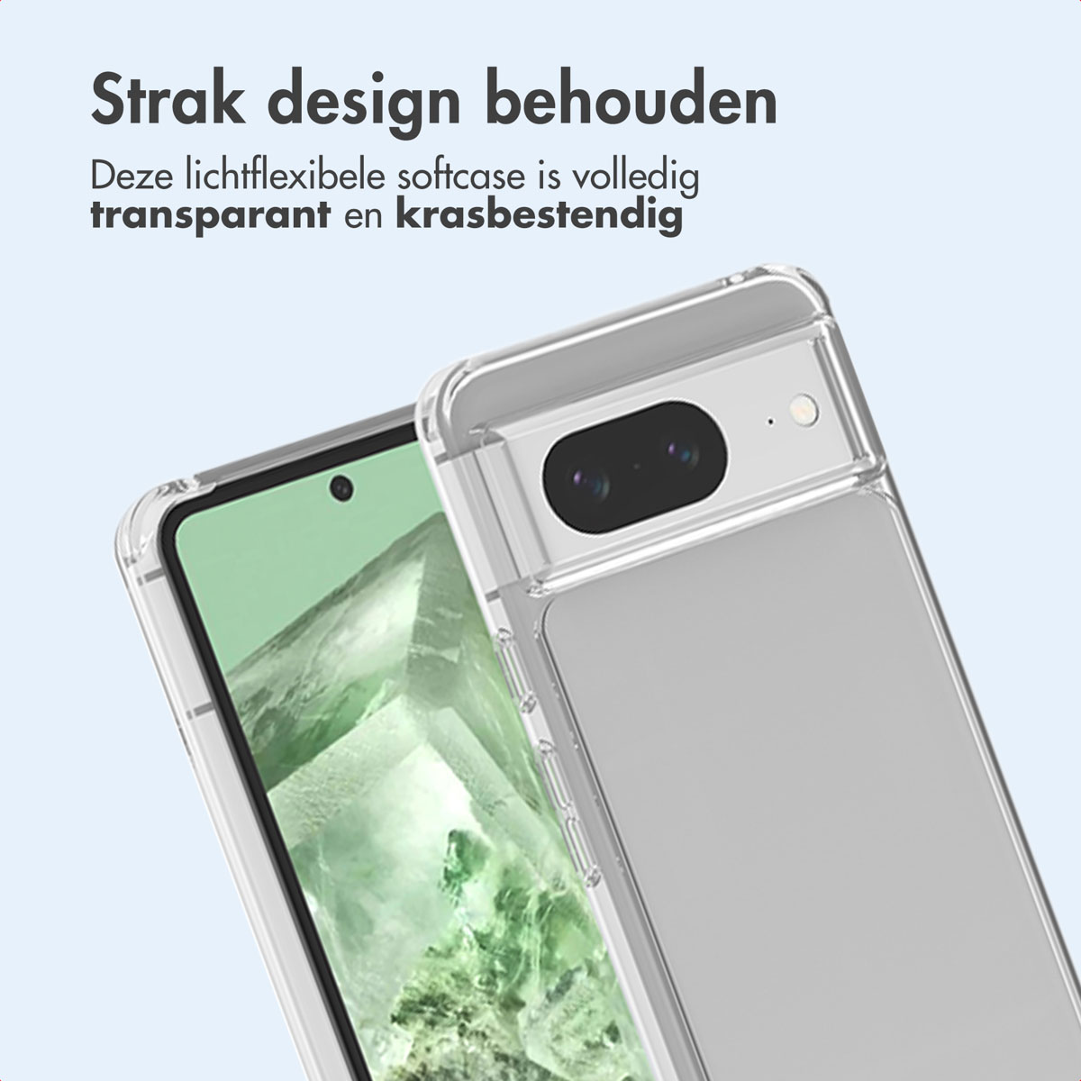 Una custodia trasparente per telefono è sopra un telefono. Il telefono ha uno schermo verde. Il testo olandese dice che la custodia è resistente.