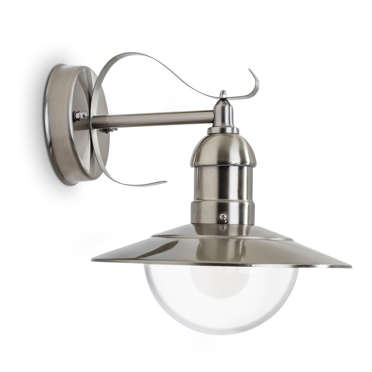 Eine metallische Wandleuchte mit gebogenem Arm und klarem, halbkugelförmigem Glasschirm, vor weißem Hintergrund.