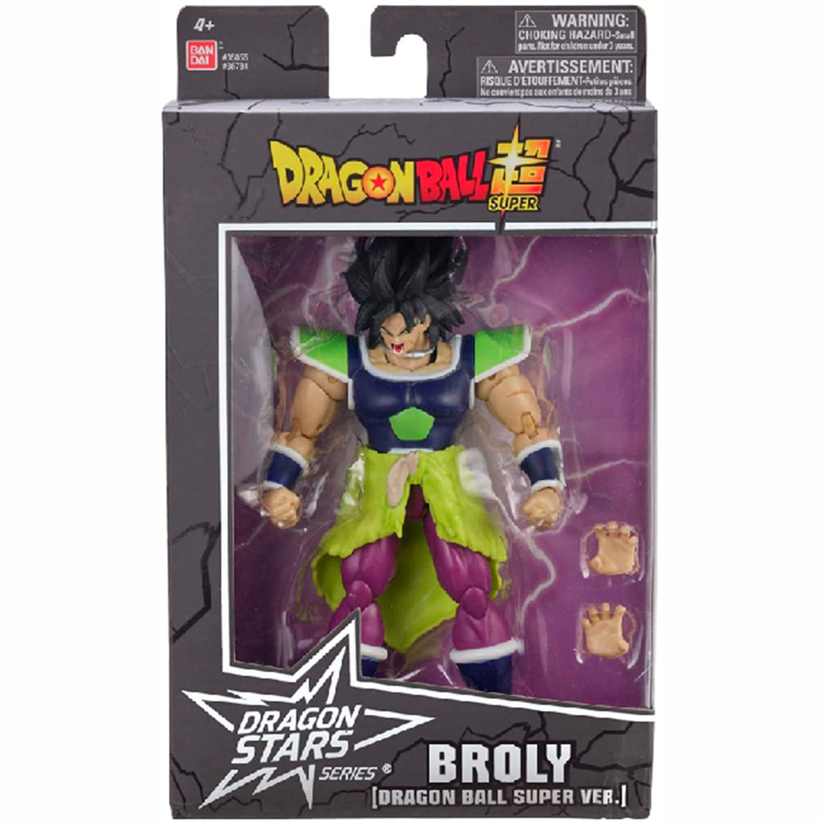 Figura de acción de Broly en una caja de Dragon Ball Super. La figura es verde, morada y bronceada. La caja tiene el logo de Dragon Ball Super.