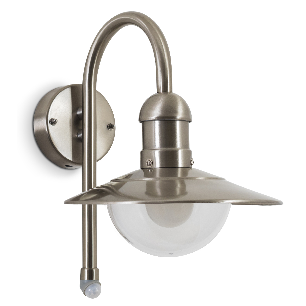Eine metallische Außenlampe mit gebogenem Arm und Halbkugelglas. Sie hat einen Bewegungssensor und befindet sich auf weißem Hintergrund.