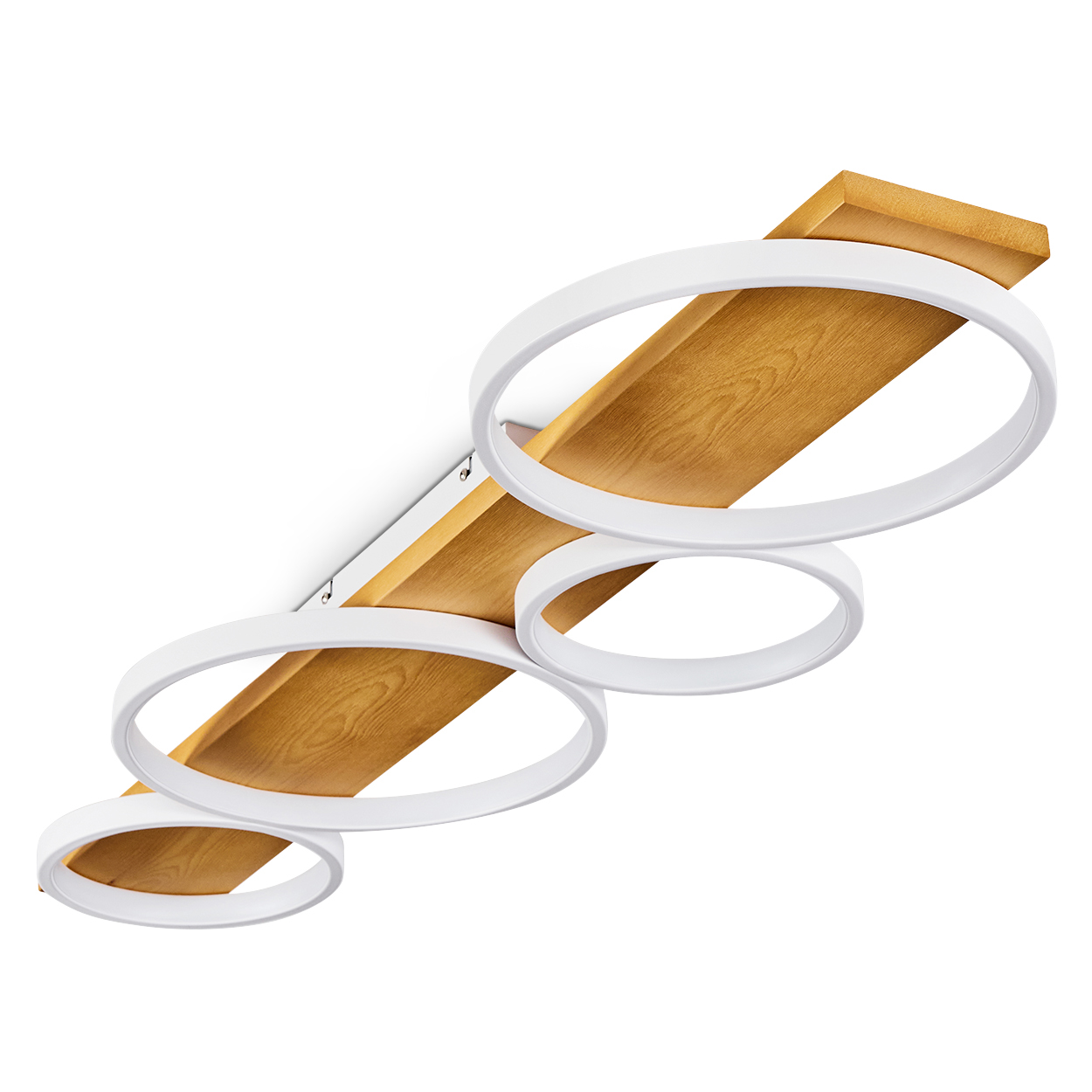 Eine moderne Deckenleuchte mit Holzsockel und weißen kreisförmigen Lichtern. Das Licht ist abgewinkelt und vor weißem Hintergrund.