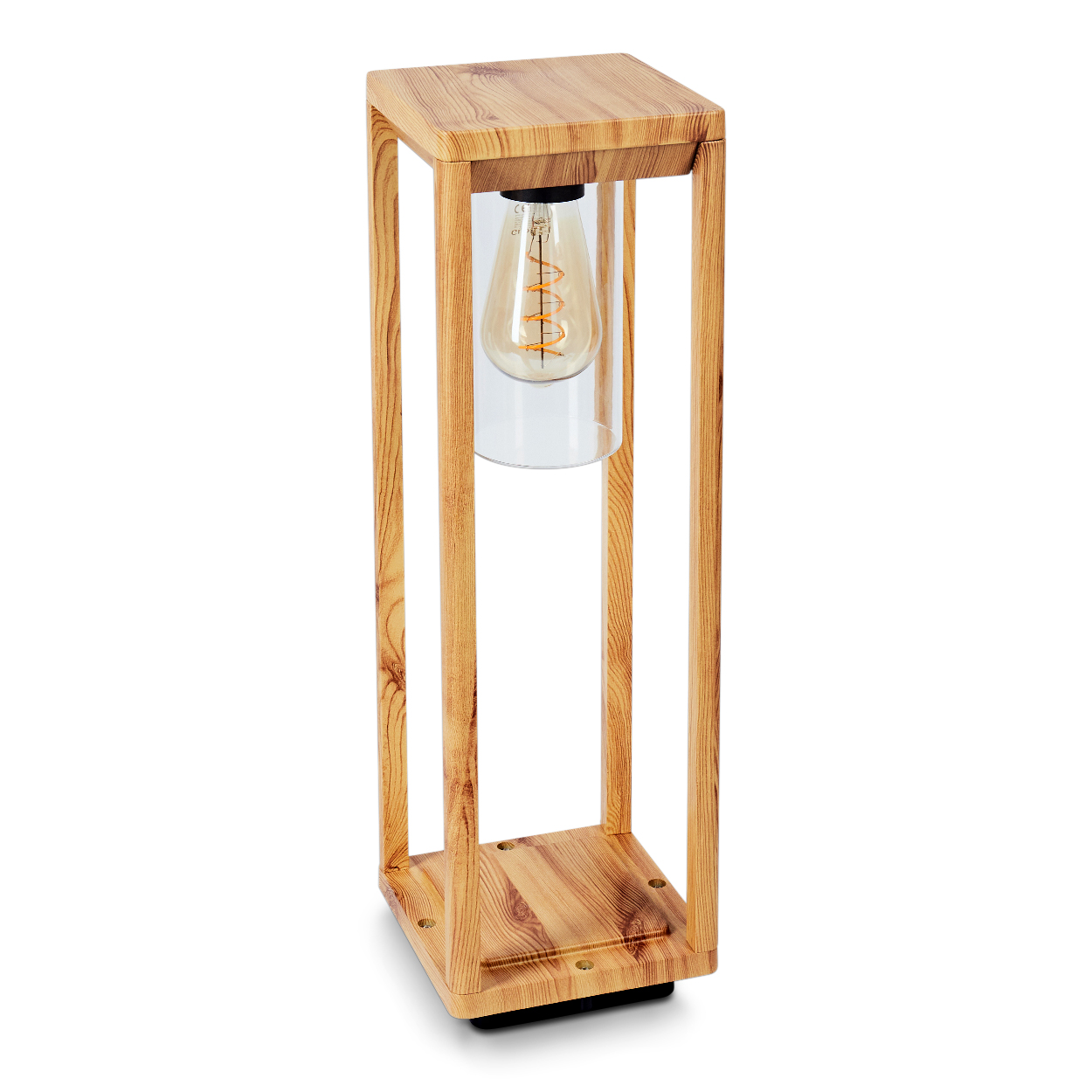 Holzlampe mit Glühbirne. Sie hat eine rechteckige Basis und Oberseite. Die Glühbirne ist durch einen Glaszylinder sichtbar.
