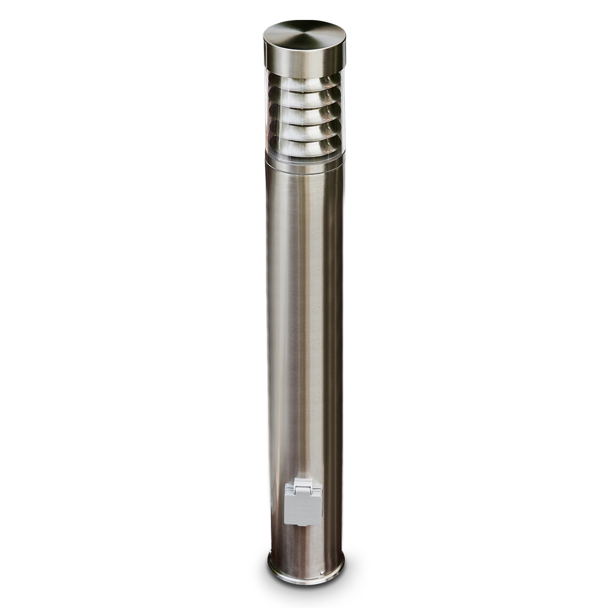 Eine metallische, zylindrische Außenlaterne. Sie hat eine obere Kappe, einen belüfteten Lichtteil, eine Mittelsäule und eine Steckdose.