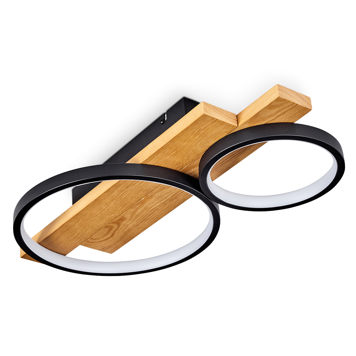 Eine moderne Deckenleuchte mit zwei schwarzen kreisförmigen Leuchten und einem Holzbalken vor weißem Hintergrund.