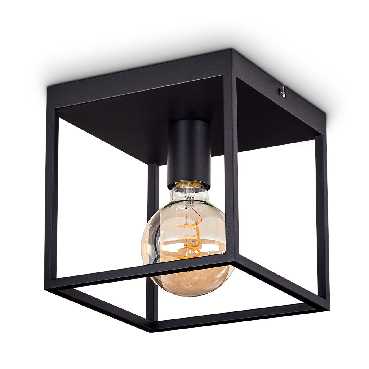 Eine schwarze quadratische Deckenlampe mit einer Glühbirne. Die Glühbirne ist rund und hat einen warmen Schein. Die Lampe befindet sich auf weißem Hintergrund.