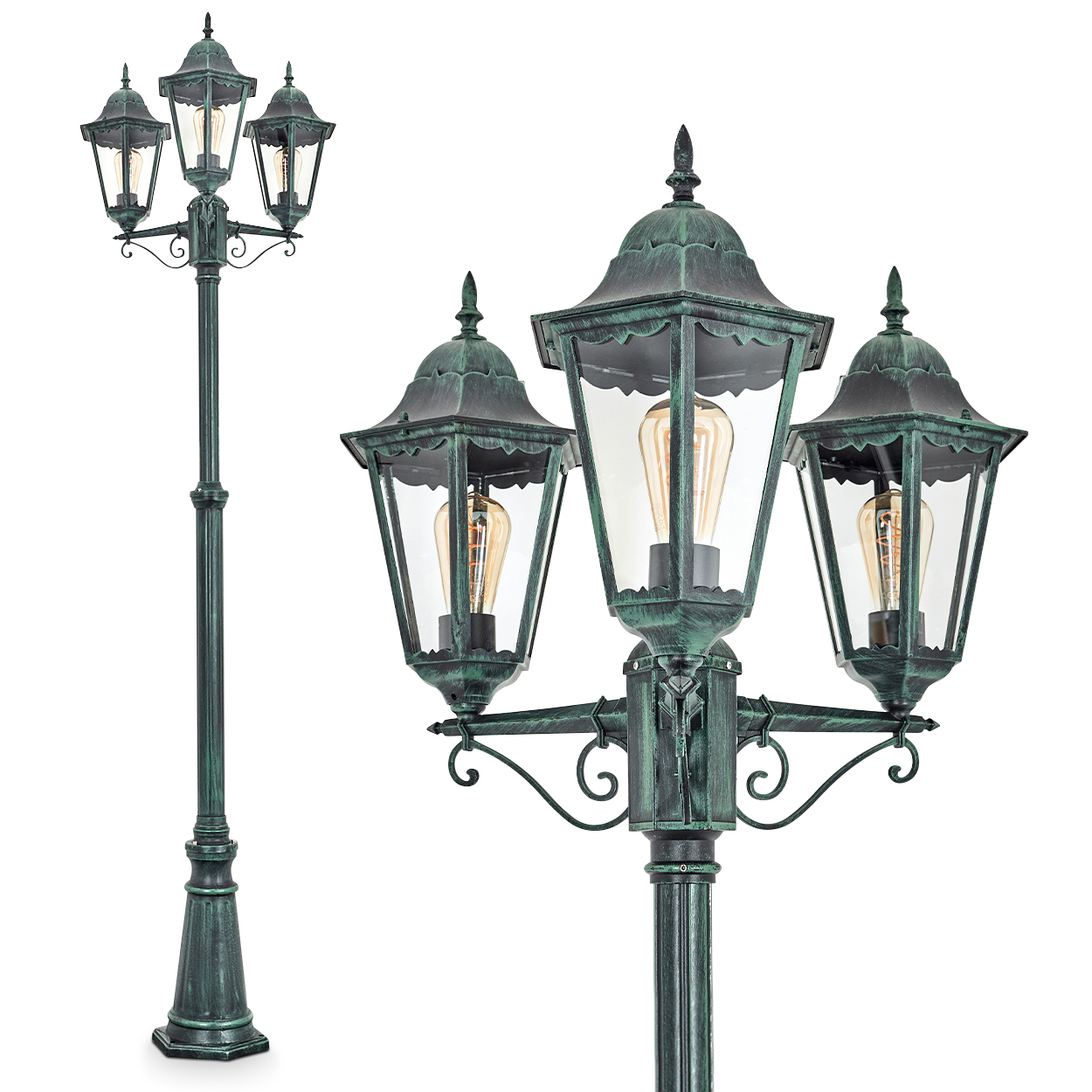 Eine grüne, antike Laterne mit drei Lampen, jede mit einer sichtbaren Glühbirne. Der Hintergrund ist weiß.