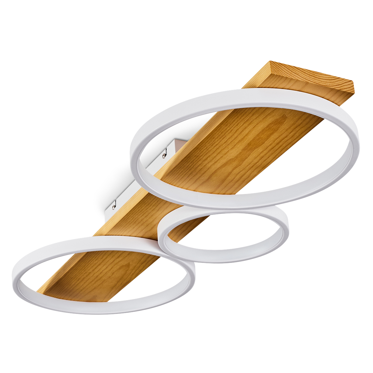 Eine moderne Deckenleuchte. Sie hat ein Holzbrett mit drei weißen, kreisförmigen Lichtern. Der Hintergrund ist weiß.