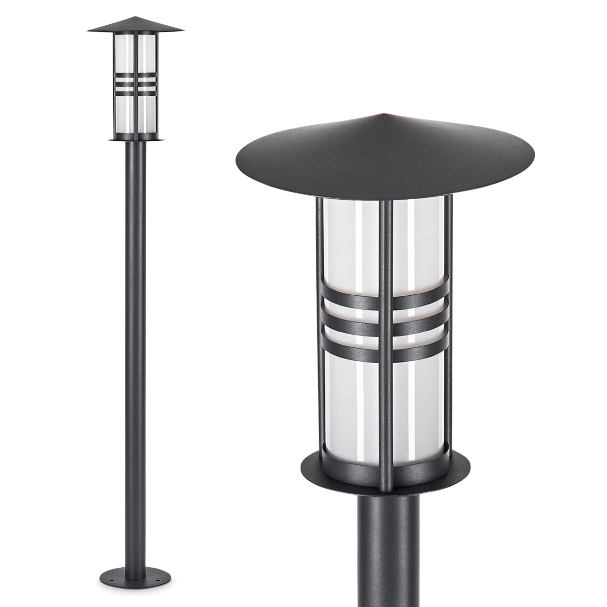 Eine moderne schwarze Außenlampe mit zylindrischem Glasschirm, Metallrahmen und breitem kreisförmigem Dach und Sockel. Der Hintergrund ist weiß.