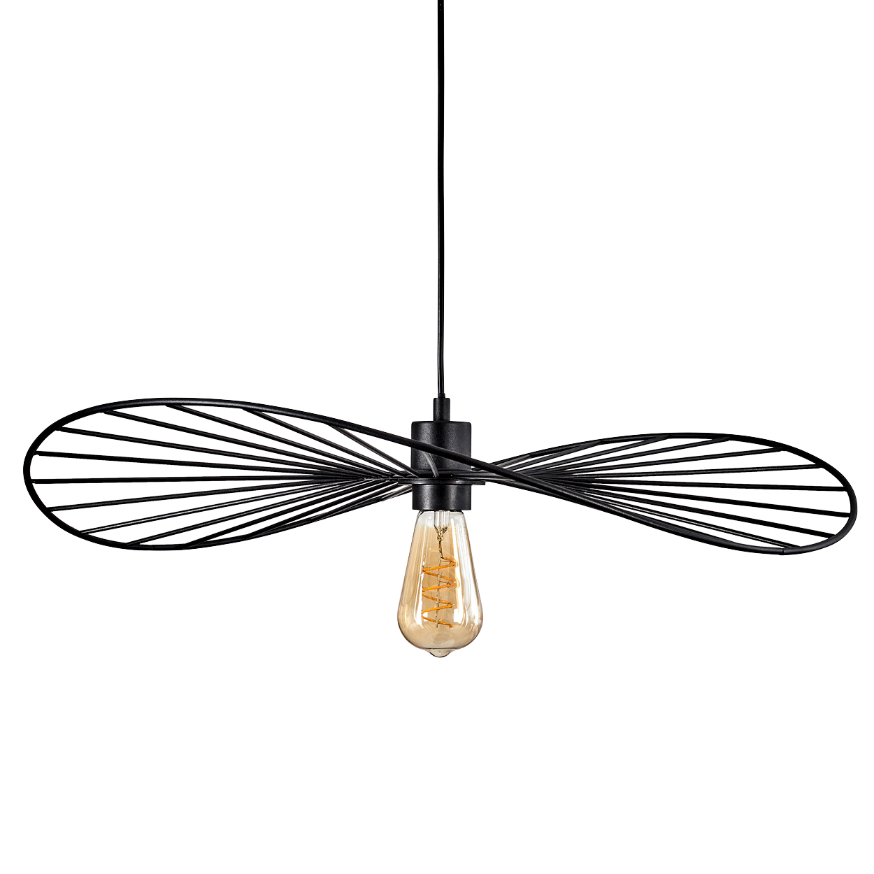 Eine moderne schwarze Pendelleuchte mit dekorativem Metallrahmen und einer Glühbirne im Vintage-Stil vor weißem Hintergrund.