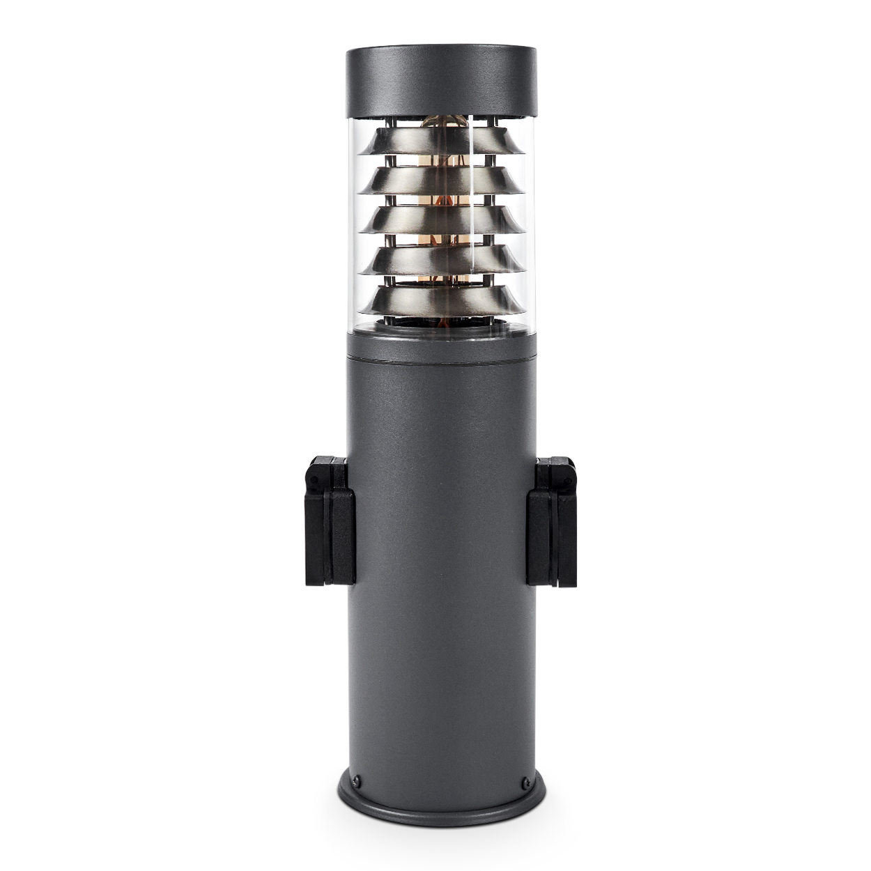 Eine graue zylindrische Außenlampe mit einer Reihe horizontaler Metallschilde. Schwarze Armaturen befinden sich an der Seite.