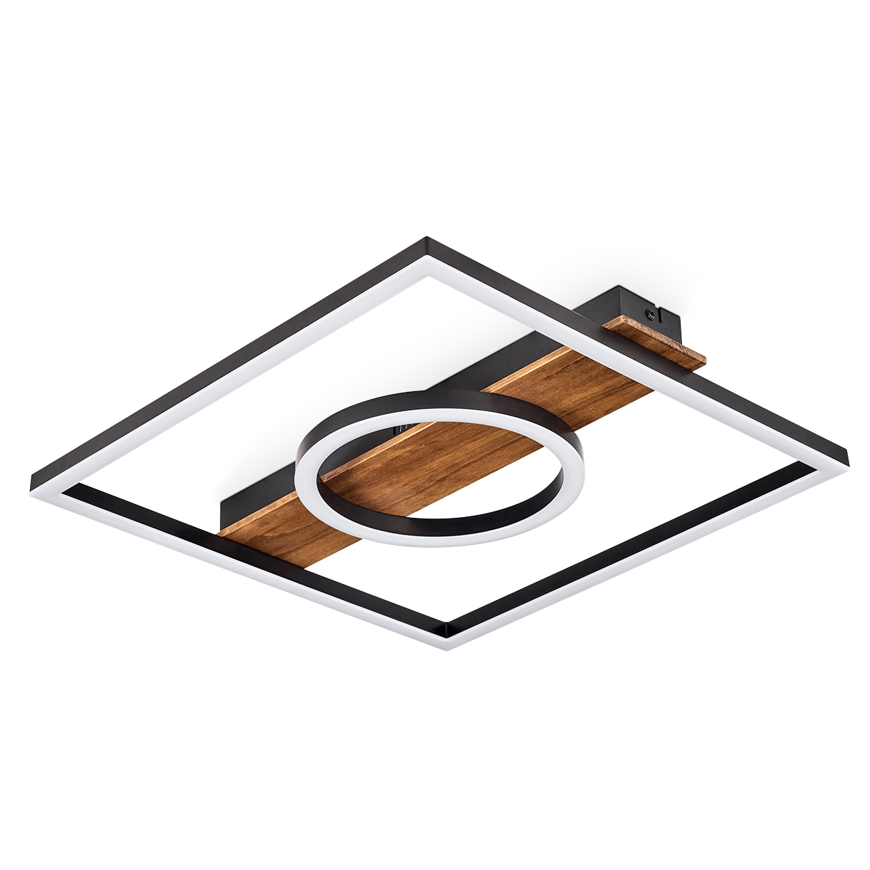Eine moderne Deckenleuchte mit quadratischem schwarzem Rahmen, Holzmitte und kreisförmiger Leuchte.