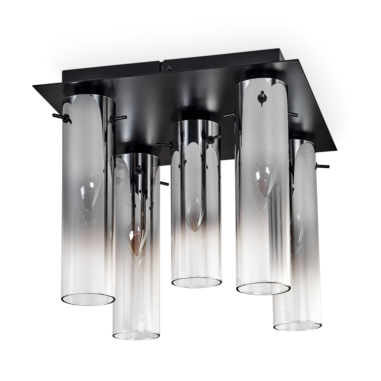 Eine moderne Deckenleuchte. Sie hat eine schwarze quadratische Basis mit fünf zylindrischen Glasschirmen, die jeweils einen Gradienteneffekt aufweisen.