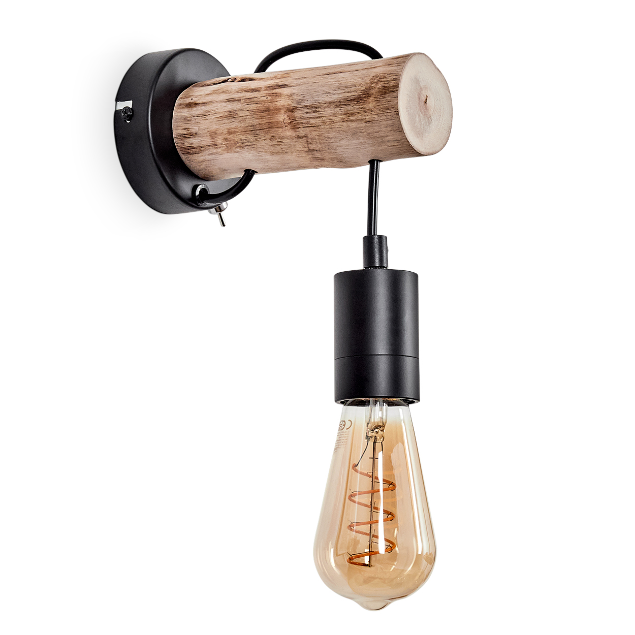 Eine rustikale Wandlampe mit Holzbalken, schwarzen Metallbeschlägen und einer tropfenförmigen Glühbirne.
