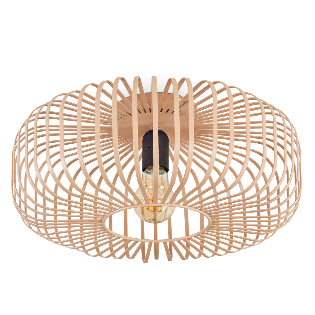 Eine beige, holzartige Deckenlampe mit Käfigstruktur und sichtbarer Glühbirne. Die Lampe befindet sich vor weißem Hintergrund.