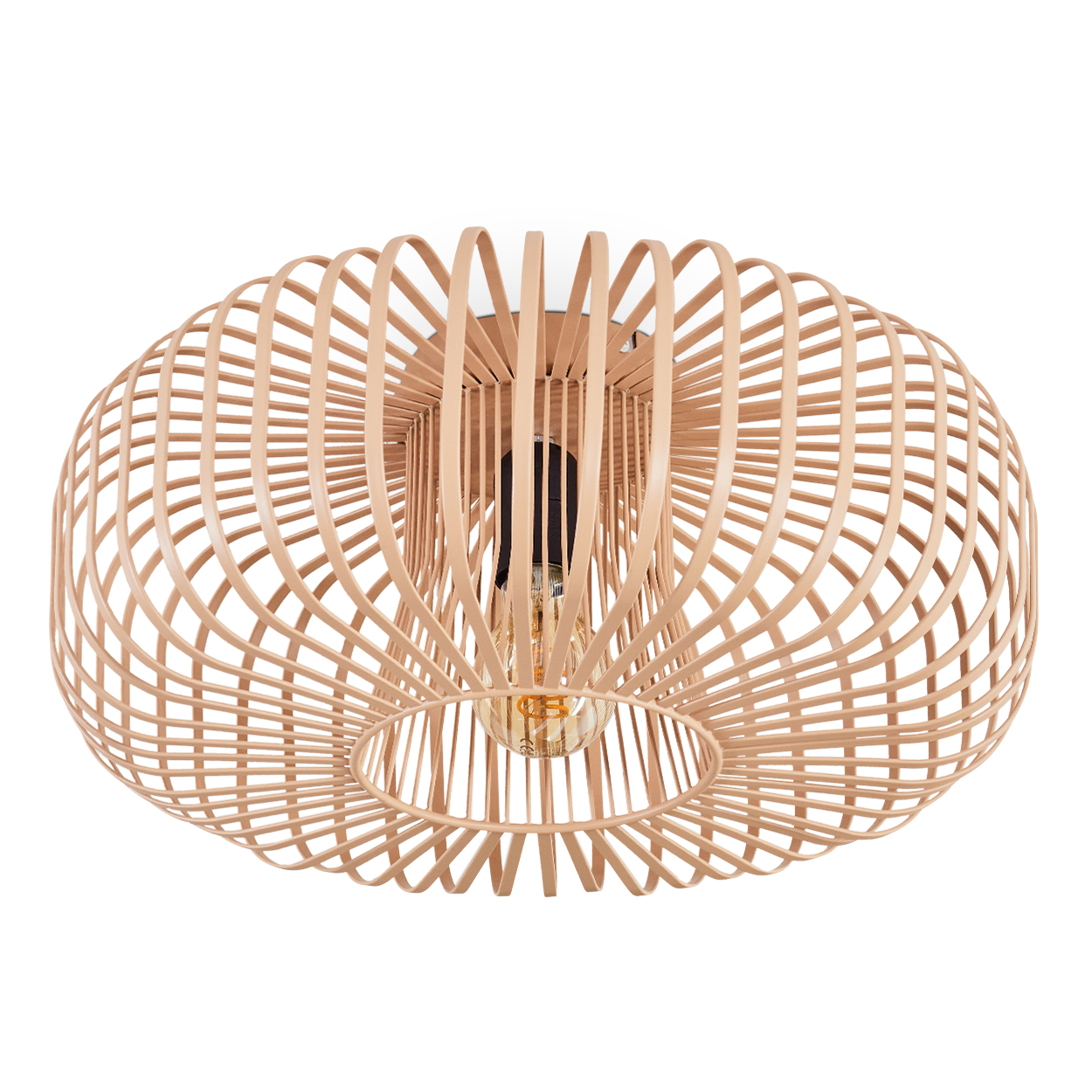 Eine beige, käfigartige Pendelleuchte mit sichtbarer Glühbirne. Die Lampe hat ein abgerundetes, offenes Design. Der Hintergrund ist weiß.