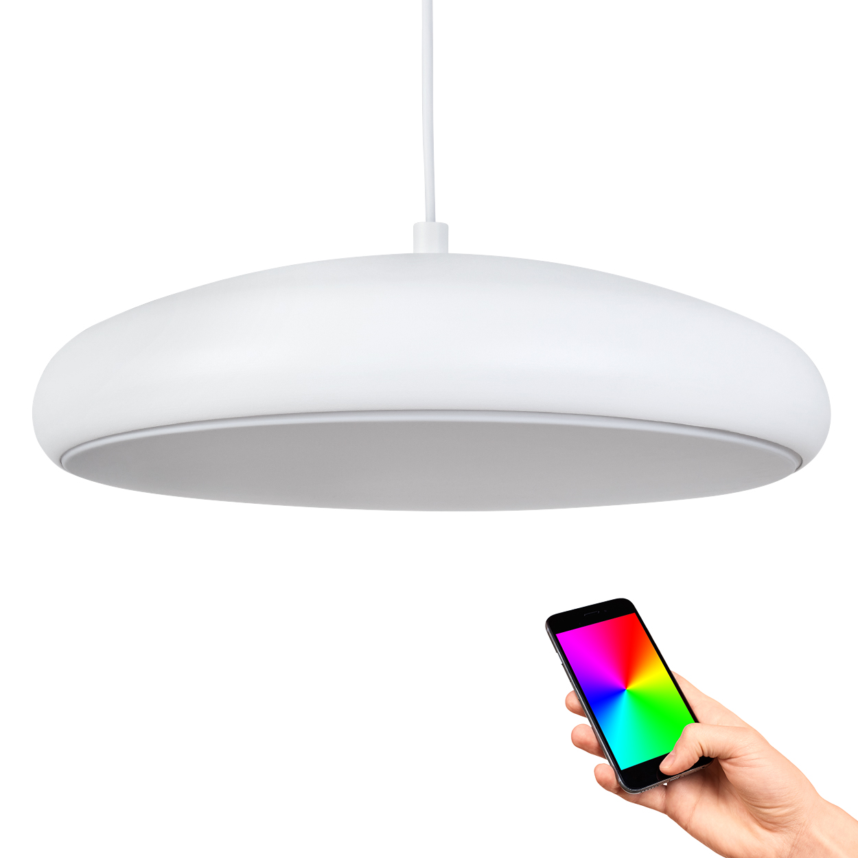 Eine weiße, runde Deckenlampe ist aufgehängt. Eine Hand hält ein Smartphone mit einem farbenfrohen Rad auf dem Bildschirm.