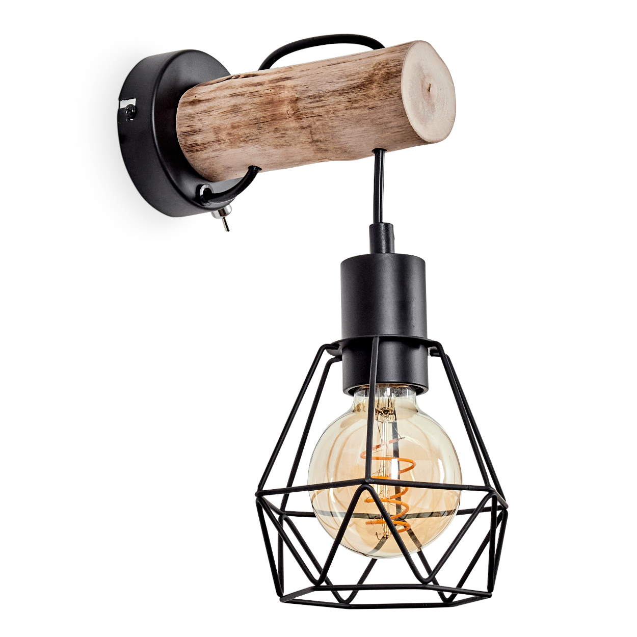 Eine rustikale Wandlampe. Sie hat einen Holzbalken, einen schwarzen Metallrahmen und eine Glühbirne in einem Käfig.