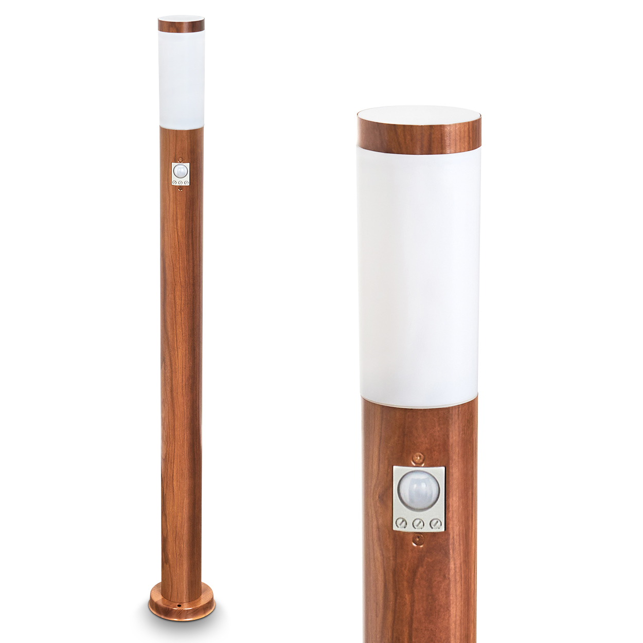 Eine hohe Außenlampe mit Holzfinish. Sie hat oben einen weißen Lichtabschnitt und ein Sensorfeld.