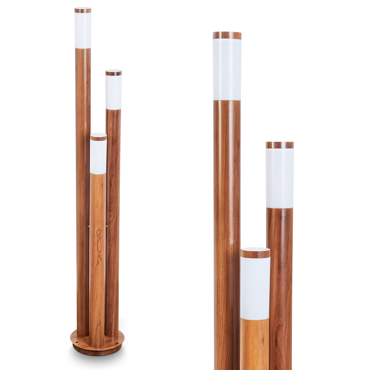 Bodenlampen aus Holz mit weiß beleuchteten Abschnitten. Die Lampen haben eine braune Holzmaserung und einen kreisförmigen Sockel.