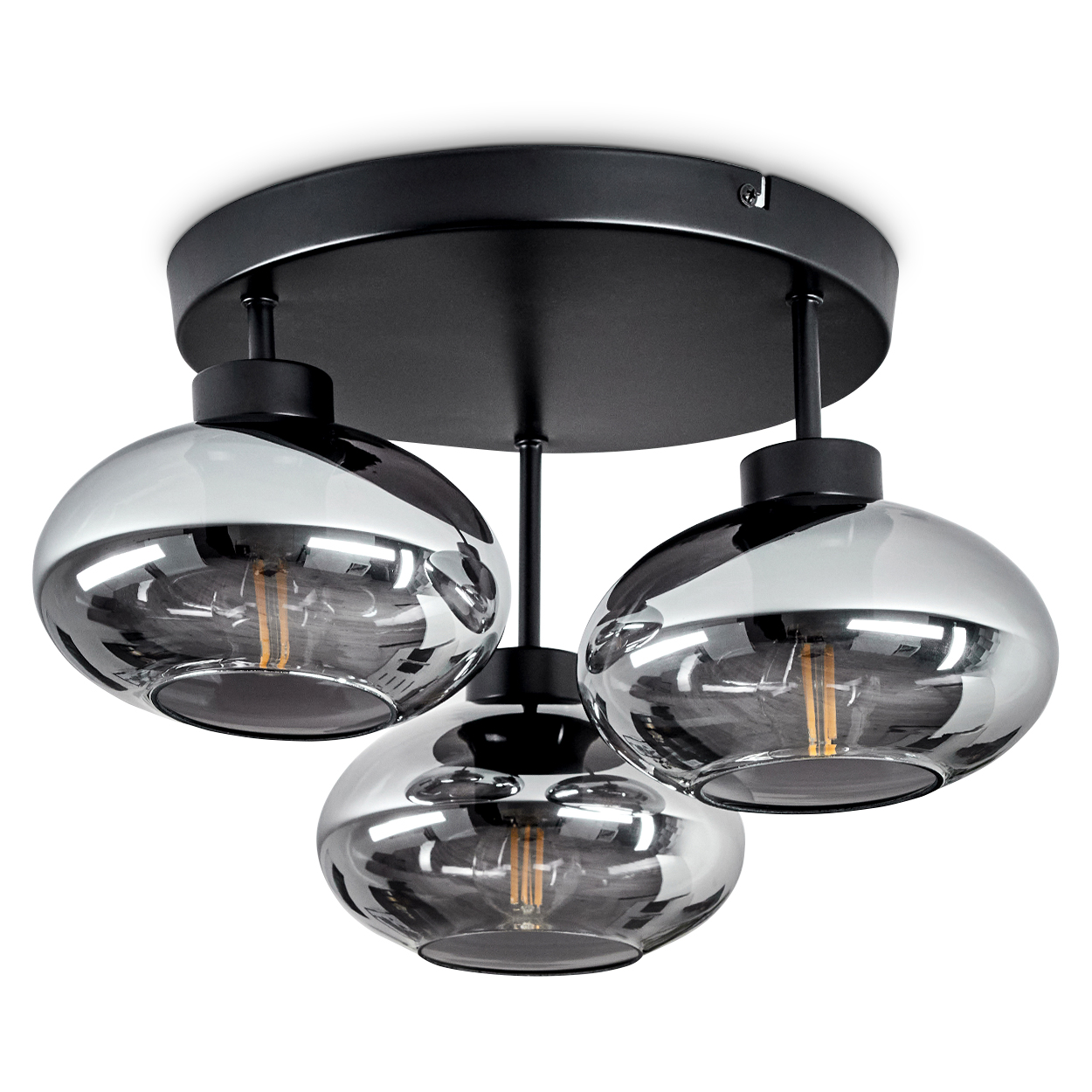 Eine moderne Deckenlampe mit drei Glasschirmen. Die Schirme sind halb silber und halb transparent. Schwarzer Sockel und Stiele.