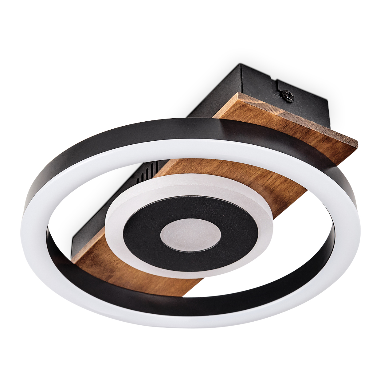 Deckenleuchte mit schwarzem Rahmen, Holz und weißen Lichtringen. Es hat ein kreisförmiges Design mit mehreren Schichten.