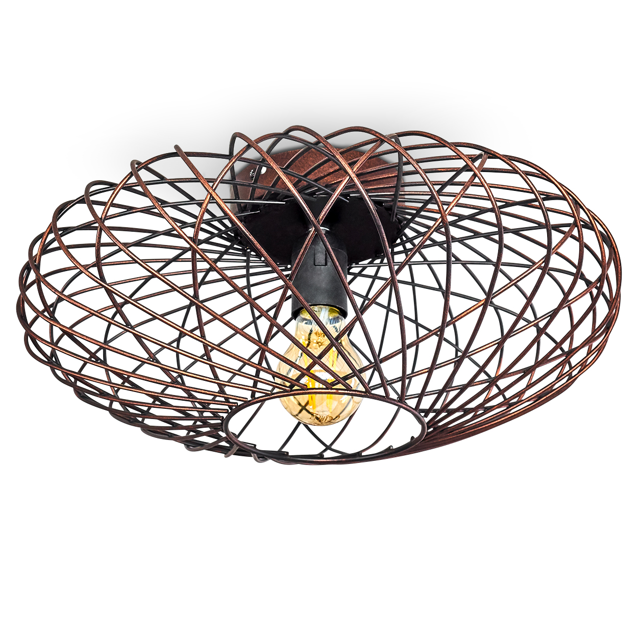 Eine dekorative Deckenlampe mit einem Bronzedrahtkäfig. Im Inneren ist eine einzelne Glühbirne sichtbar. Der Hintergrund ist weiß.