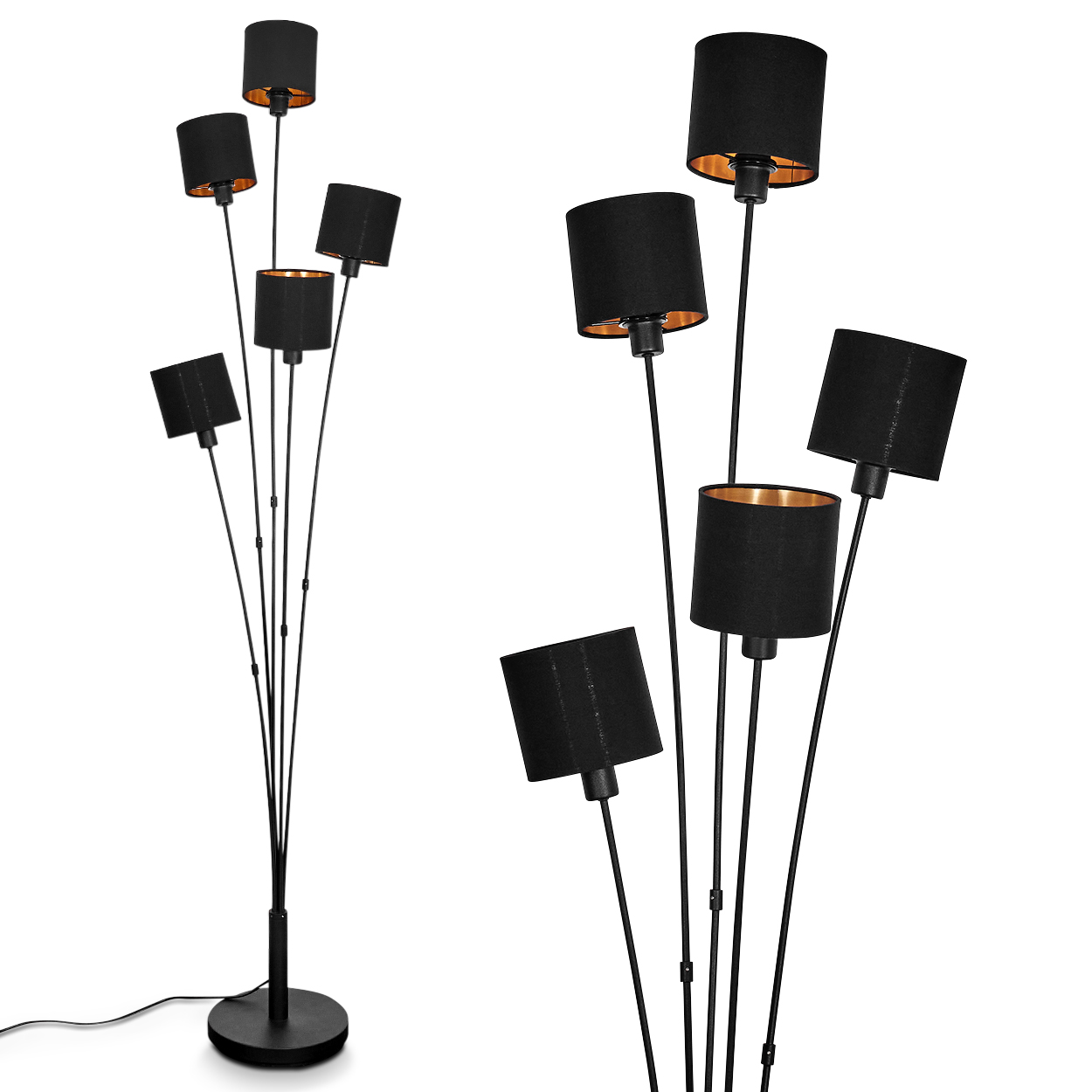 Eine moderne schwarze Stehlampe mit sieben Lampenschirmen, jeweils mit goldfarbenem Innenraum, vor weißem Hintergrund.